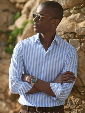 Men's Blue & White Vertical Striped Dress Shirt